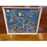 1960's mixed media fish collage with felt and string background with applied glazed pottery fish,