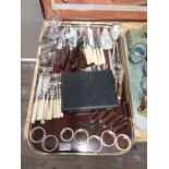 Mixed tray lot of assorted EPNS sets of cutlery, Victorian drinking glasses, napkin rings and cut