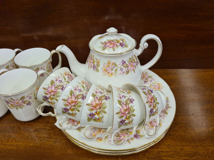 Colclough floral part tea service with teapot, 4 matching coffee cups and a brown and blue Colclough - Image 3 of 5