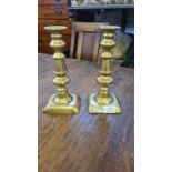 Pair of Victorian brass candlesticks 9.25" tall.