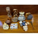 Mixed tray lot to include onyx eggs, coral, African wooden carvings, inlaid marble box, etc.