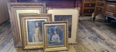 Set of 3 Victorian George Baxter prints of young women in decorative gilt frames, The Day Before