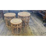 1970's set of 3 wicker drum tables.