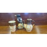 Royal Doulton glazed slipware beaker, similar coffee pot together with a Bretby Kookaburra model