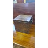 Vintage mahogany box with wrought iron carrying handles.