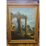 A large gilt framed oil on canvas of a ruined temple, overall with frame 116cm x 147cm.