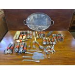 Large tray of assorted stainless steel, EPNS and chromium sets of cutlery to include Walker &