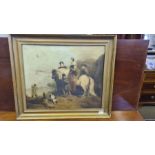 18th century unsigned oil on canvas, lady and her attendants riverside hawking scene. 19" x 23".