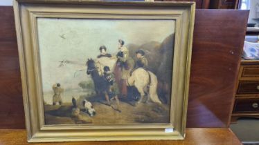 18th century unsigned oil on canvas, lady and her attendants riverside hawking scene. 19" x 23".
