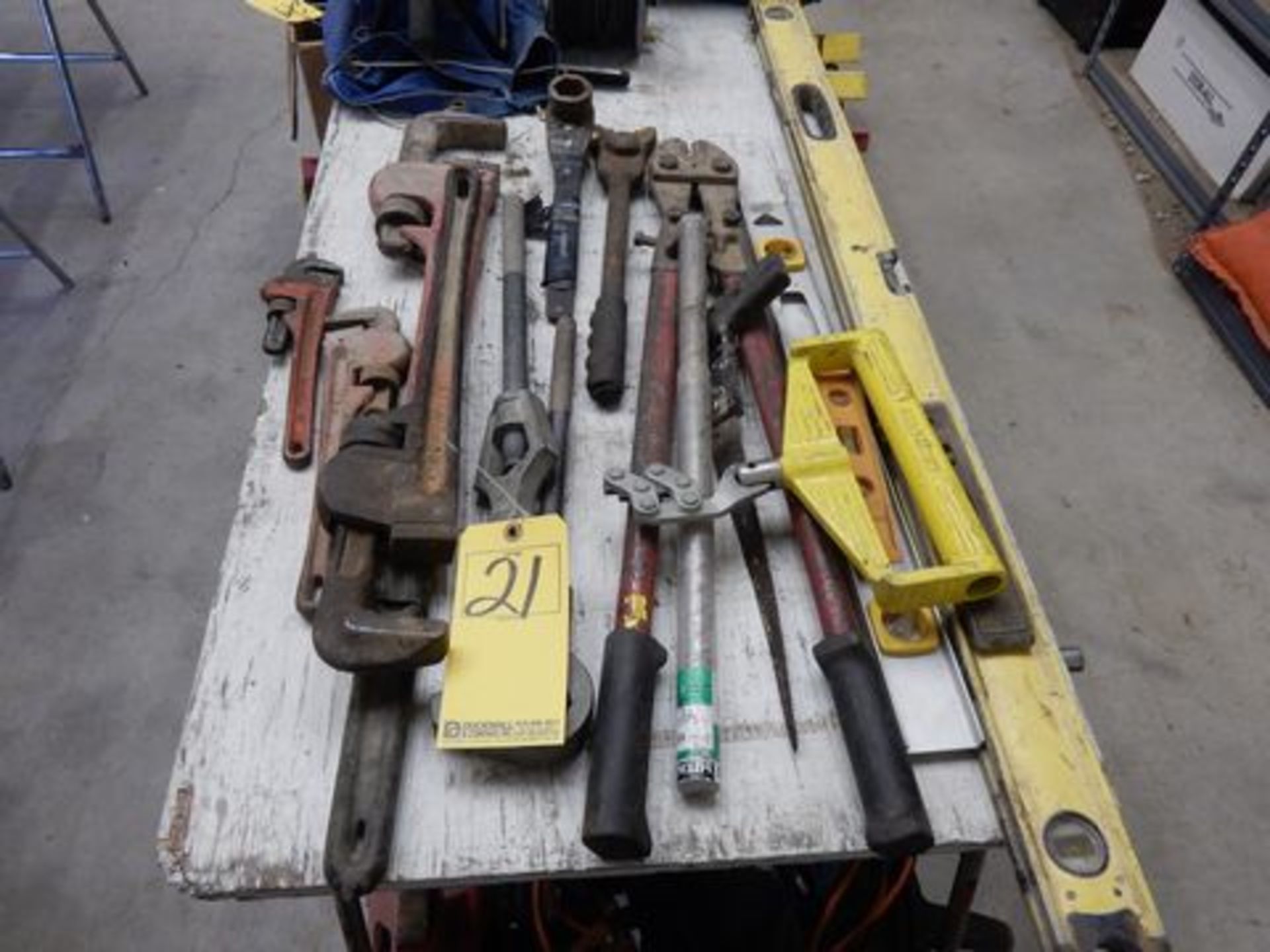 LOT MISC. PIPE WRENCHES, LEVELS, BOLT CUTTERS, ETC.