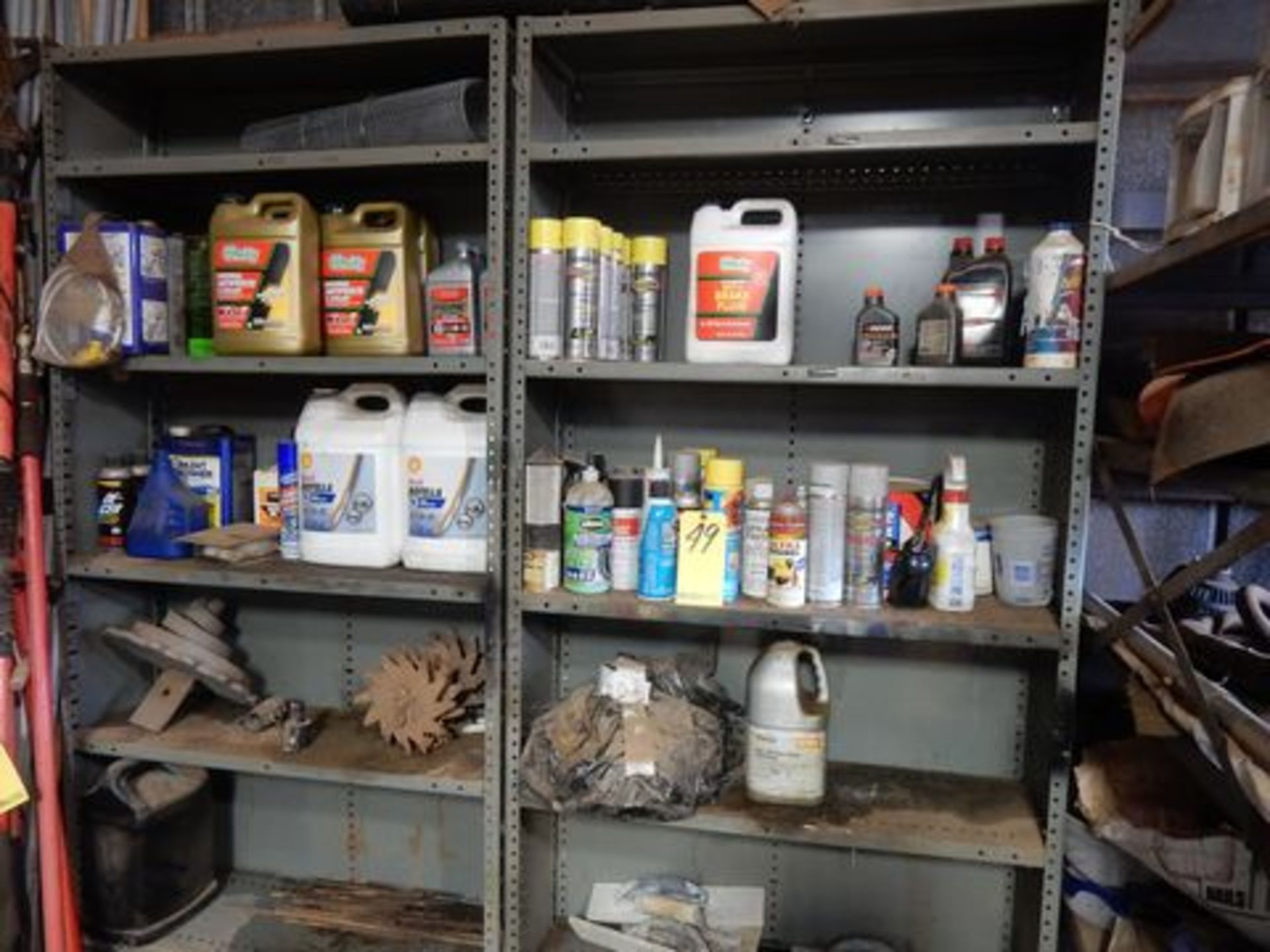 LOT (2) SHELVES W/CONTENTS TO INCLUDE - FLUIDS, MISC. PARTS, ETC.