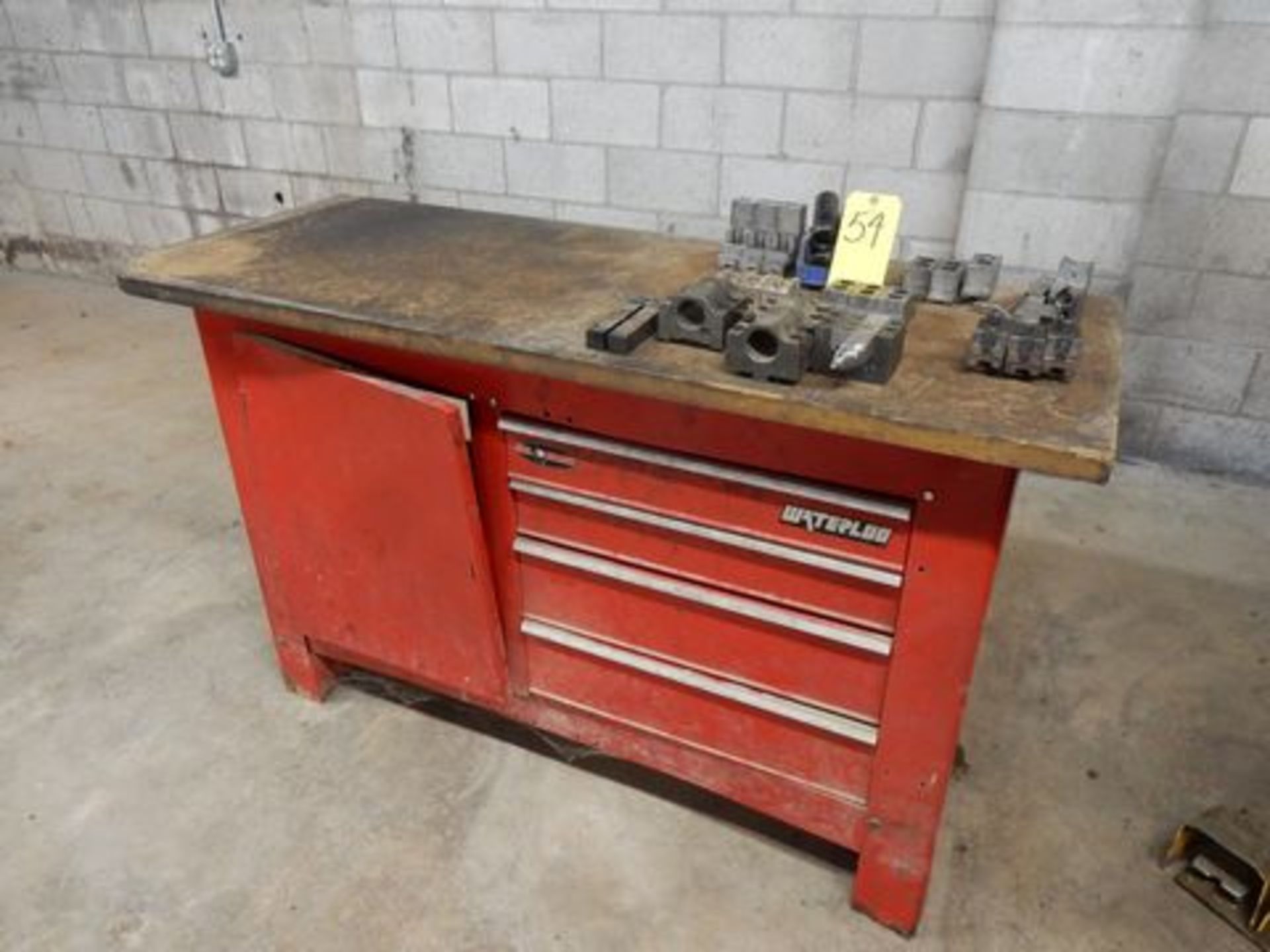 WATERLOO WORK BENCH W/MISC. TOOL BLOCKS, INSERT HOLDERS, SLEEVES, SOFT JAWS, ETC.