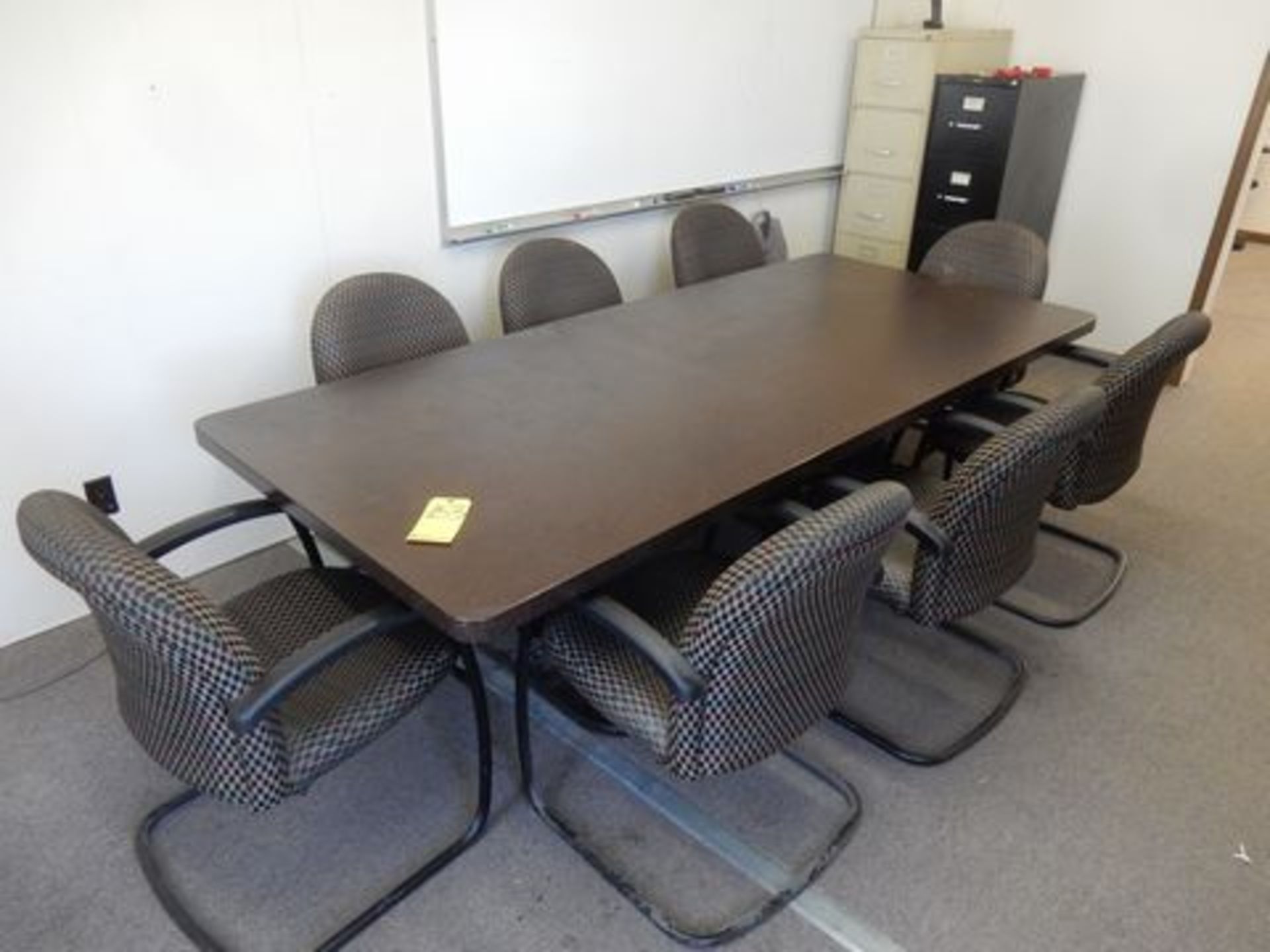 42" X 8' CONFERENCE TABLE, DUAL PEDESTAL, W/(8) PADDED ARM CHAIRS