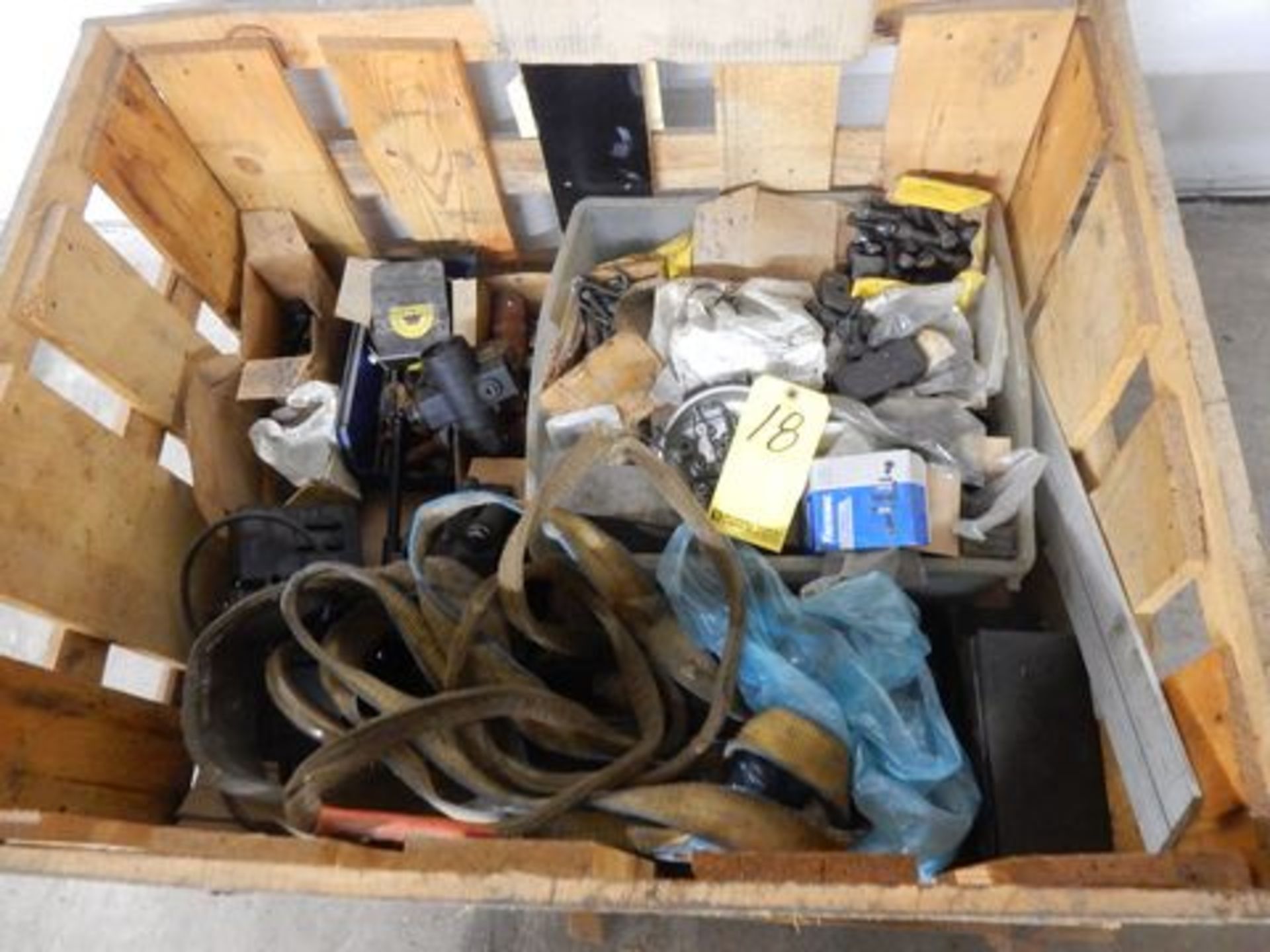 LOT CRATE OF MISC. LIFTING STRAPS, TOOLING, FASTENERS, ETC.