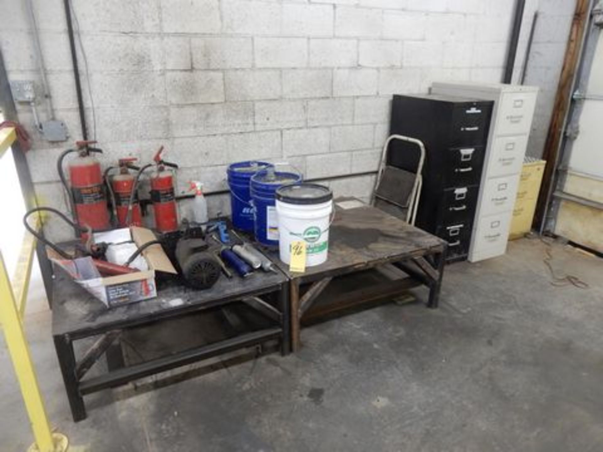 LOT METAL TABLES, FIRE EXT., FILE CABINETS, ETC.
