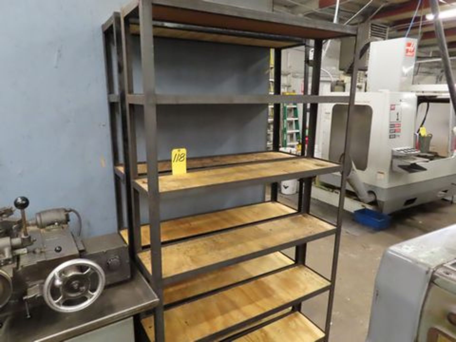 LOT (2) METAL SHELVES & METAL TOP WORK BENCH