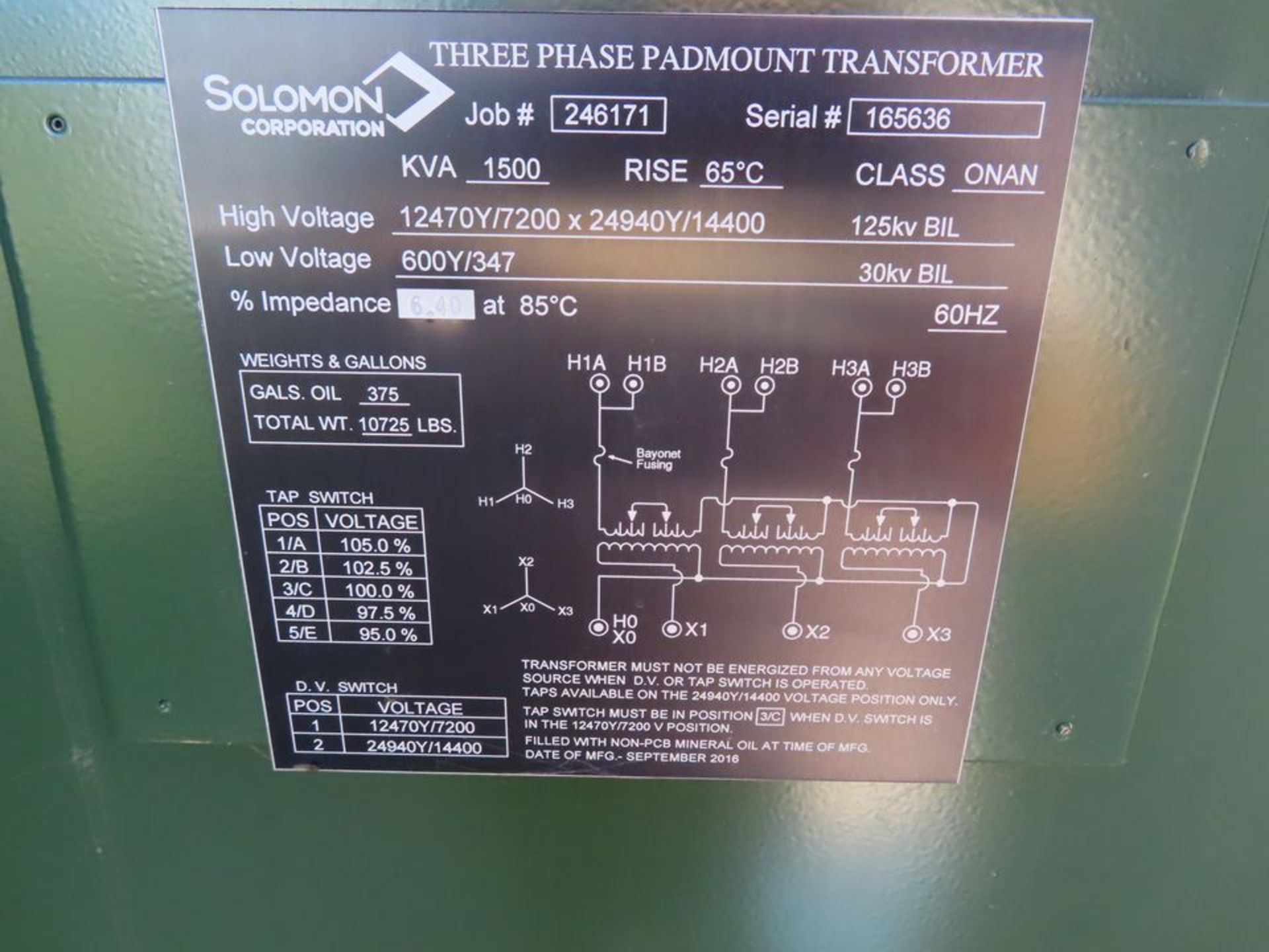 SOLOMON 1,500 KVA 3-PH PAD-MOUNTED TRANSFORMER, S/N 165636 - Image 3 of 3