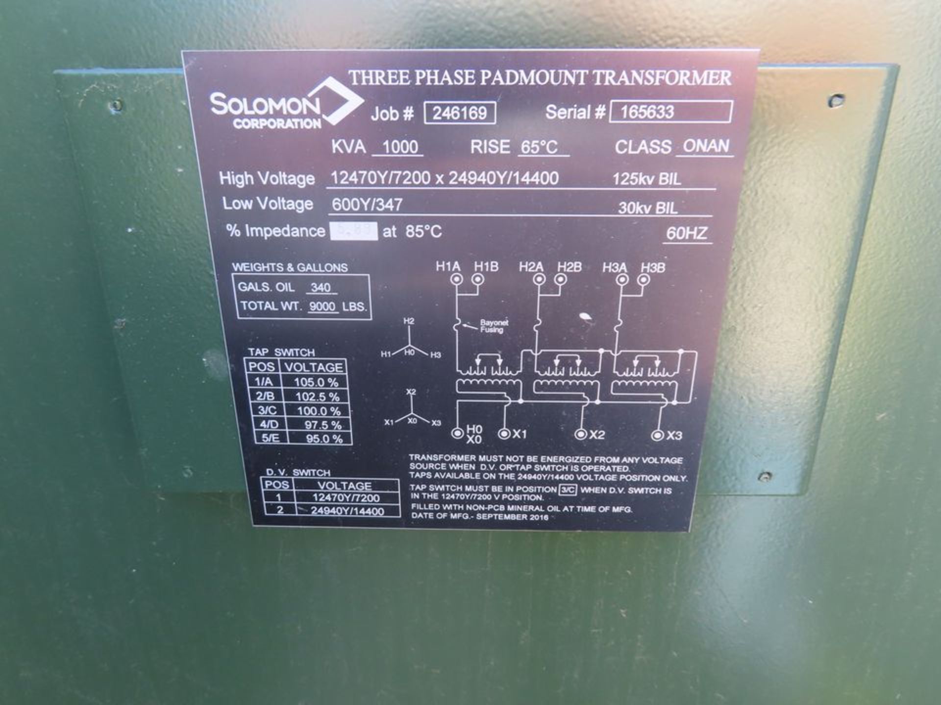 SOLOMON 1,000 KVA 3-PH PAD-MOUNTED TRANSFORMER, S/N 165633 - Image 3 of 3