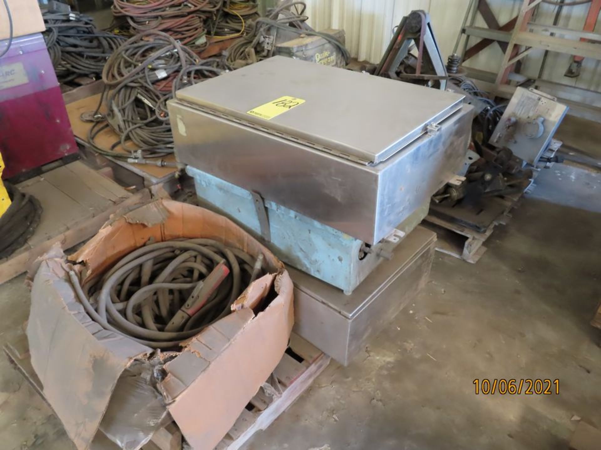 LOT MISC. WELDING WIRE, ELECTRICAL BOXES, BAD GRINDERS, BAD BELT SANDERS, BAD WIRE FEEDERS, ETC.