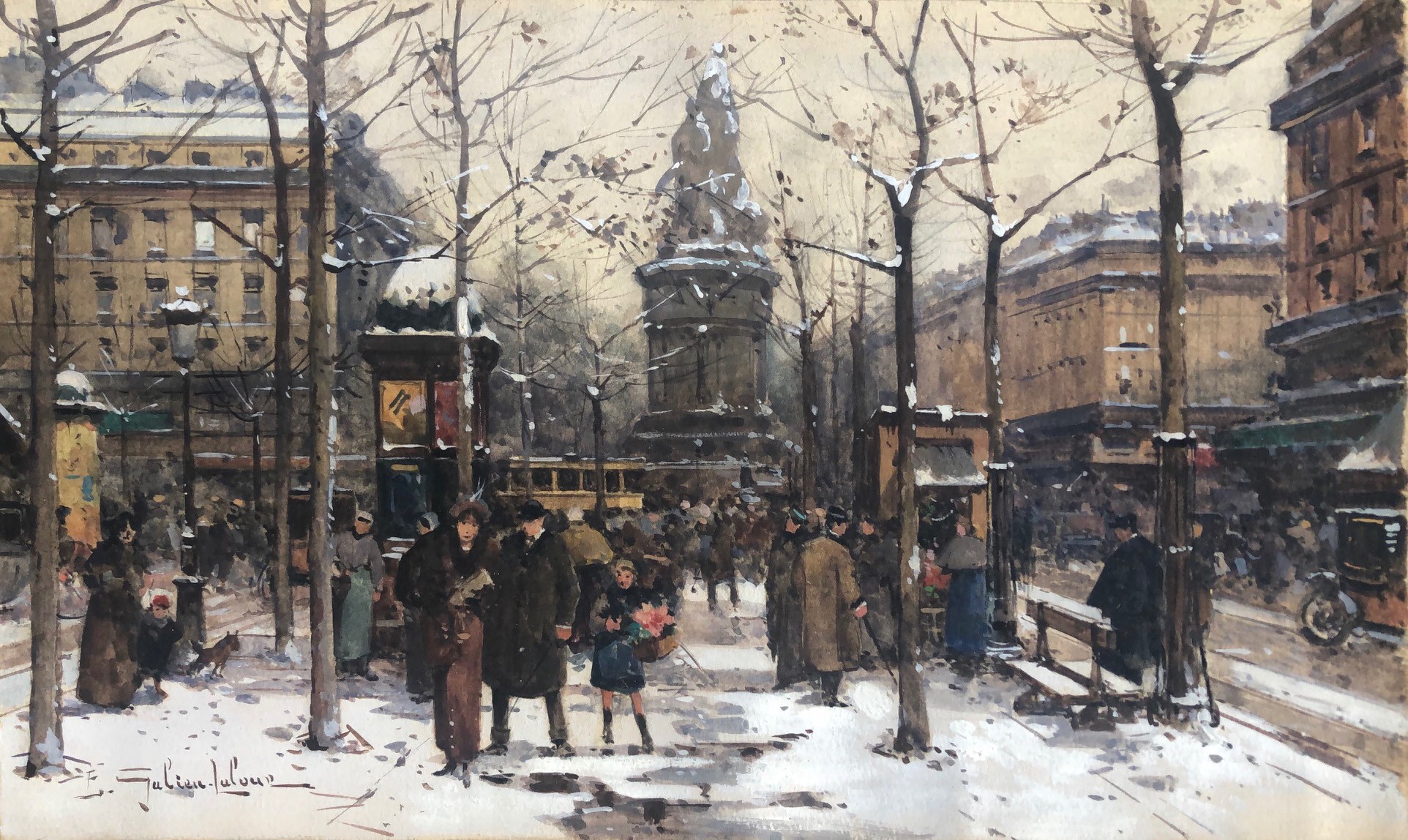 GALIEN-LALOUE Eugène (1854-1941). Paris, marché aux fleurs. Gouache. Signée en bas à gauche. 19 X