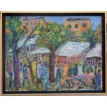 DUBUC Roland (1924-1998). Marché africain. Huile sur isorel. Signée en bas à droite. 47 X 62.