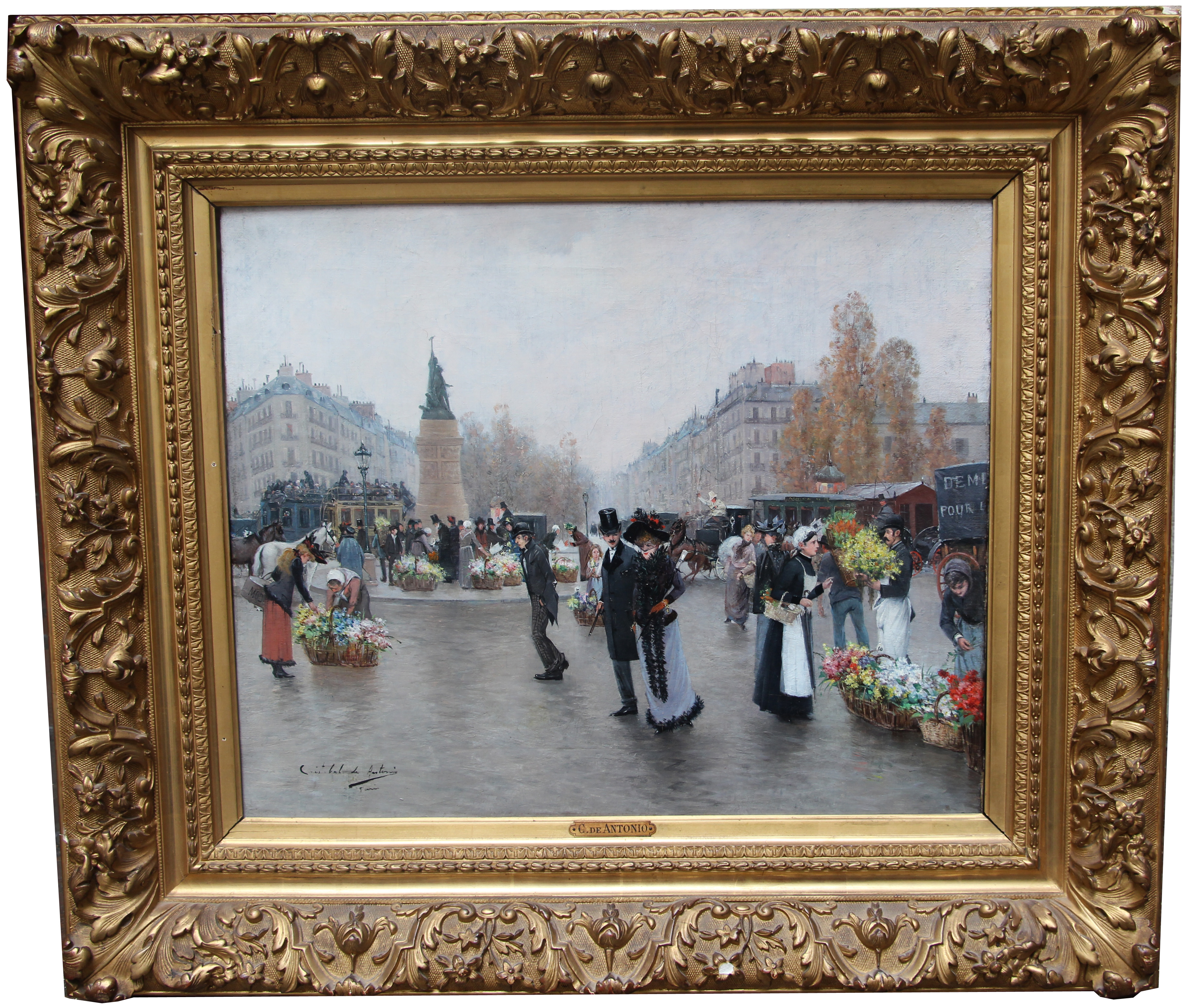 ANTONIO Cristobal de (fin XIXe). Marché aux fleurs place de Clichy. Huile sur toile. Signée en bas à