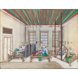 Atelier de tissage, Inde, XIXe. Gouache sur papier. Dimensions : 31 x 40 cm Etat : quelques petits