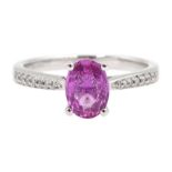 18ct white gold oval pink sapphire ring, with diamond set shoulders, hallmarked, sapphire approx 0.9