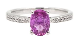 18ct white gold oval pink sapphire ring, with diamond set shoulders, hallmarked, sapphire approx 0.9