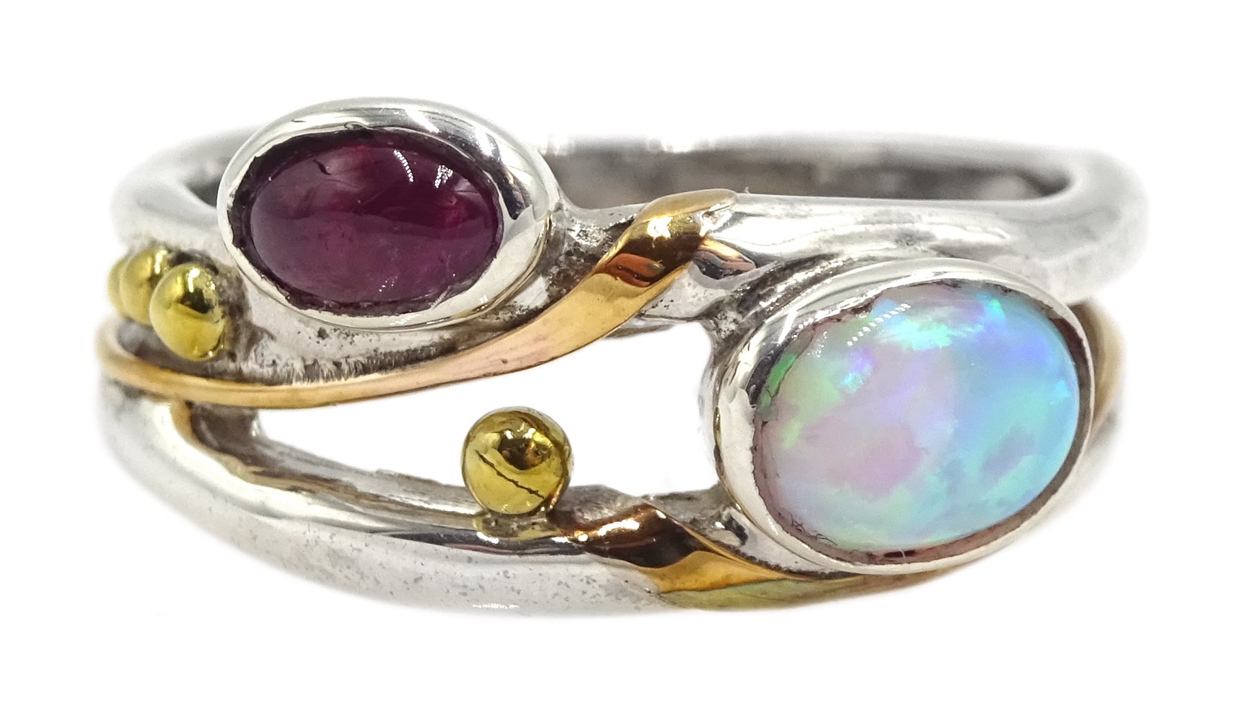 Silver and 14ct gold wire ruby and opal ring, stamped 925