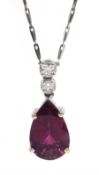 18ct white gold pear shaped rubellite tourmaline and two diamond pendant necklace, hallmarked