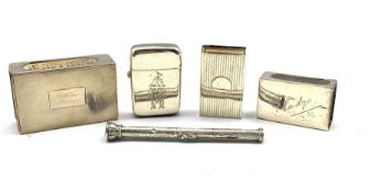 Engine turned silver match box holder inscribed 'R W Gow, Beverley' London 1930, two smaller match b