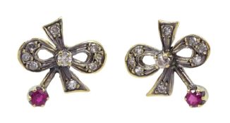 Pair of 17ct gold diamond and ruby bow stud earrings