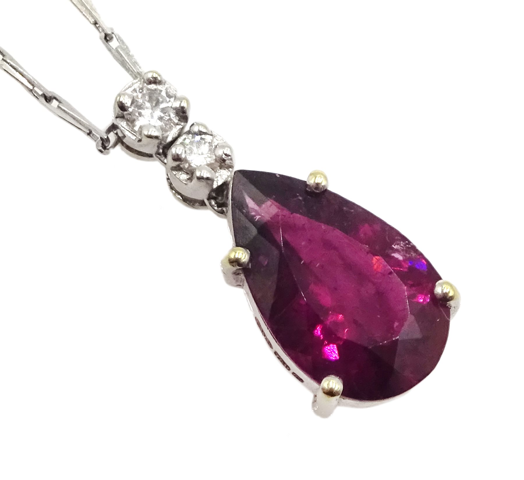 18ct white gold pear shaped rubellite tourmaline and two diamond pendant necklace, hallmarked - Image 2 of 4