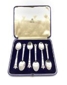 Set of six silver coffee spoons with coronet terminals and hammered detail to the underside of the b
