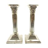 Pair of late Victorian silver Corinthian column table candlesticks with square bases H20cm Birmingha