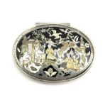 18th century silver oval box, the tortoiseshell cover inlaid with Chinese figures and landscape in s