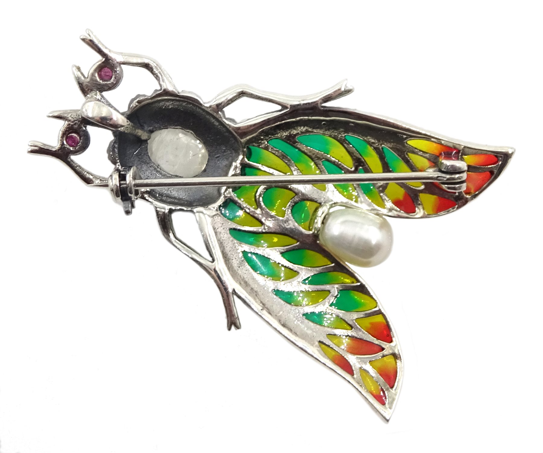 Silver plique-a-jour, marcasite, ruby, moonstone and pearl insect brooch - Image 2 of 2