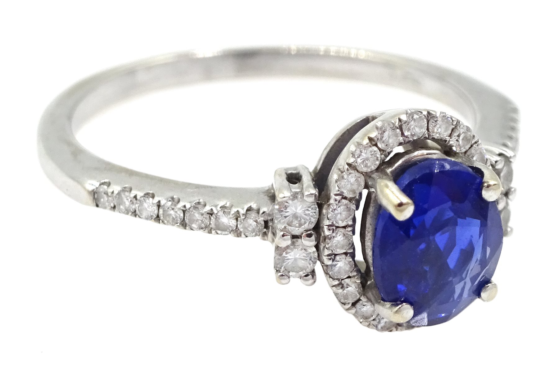 18ct white gold oval sapphire and diamond halo ring, with diamond set shoulders, stamped 750 - Image 3 of 5
