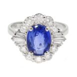 18ct white gold sapphire and diamond cluster ring, the central oval sapphire of approx 2.10 carat, w