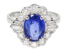 18ct white gold sapphire and diamond cluster ring, the central oval sapphire of approx 2.10 carat, w