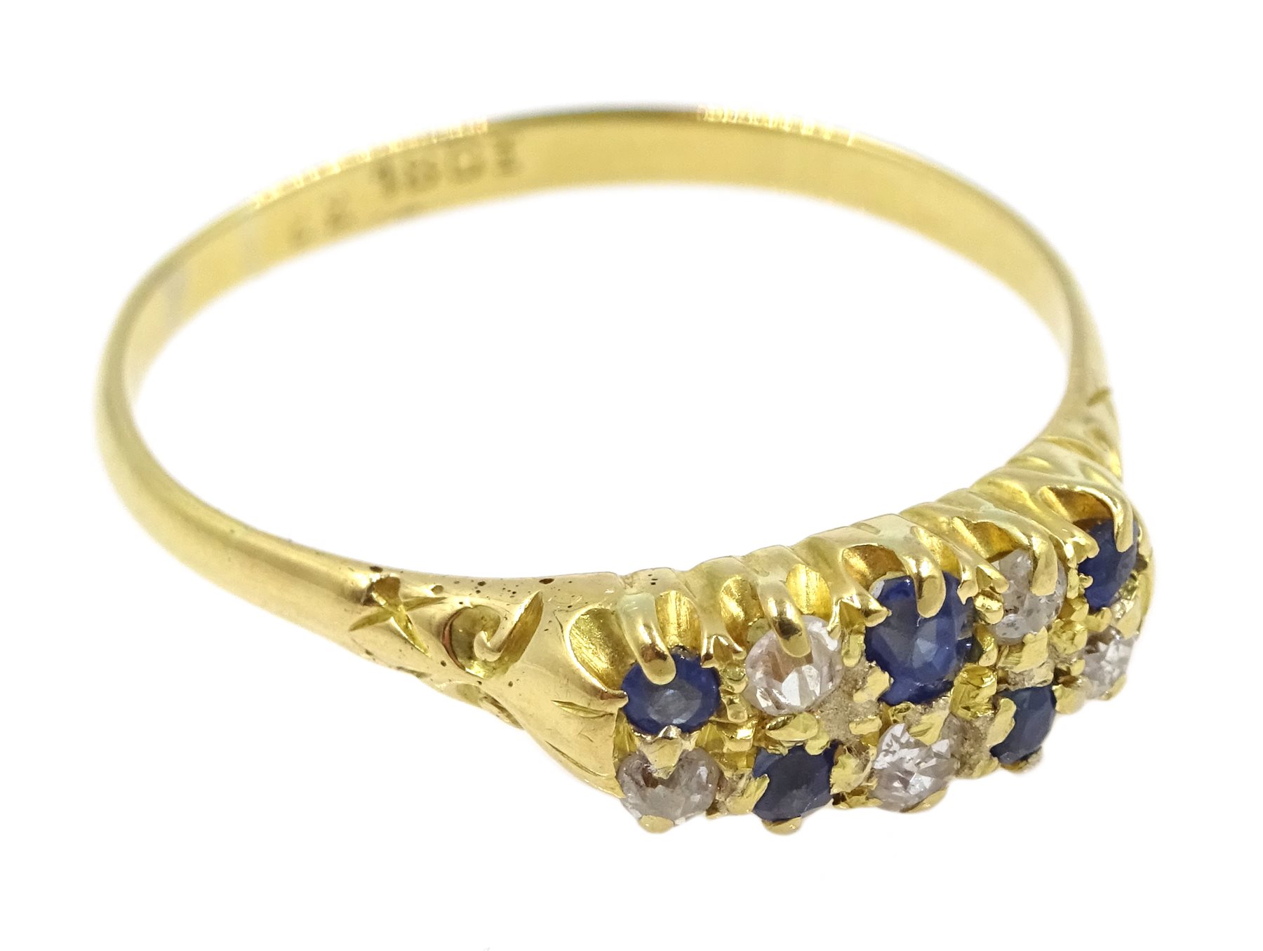 Gold old cut diamond and sapphire two row ring, stamped 18ct - Image 3 of 4