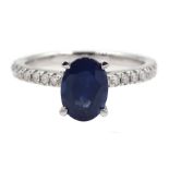 18ct white gold oval sapphire ring, with diamond set shoulders hallmarked, sapphire approx 1.35 cara