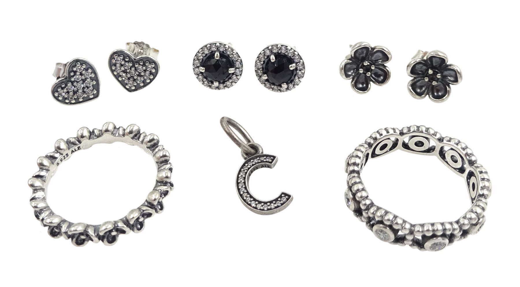 Silver flower ring and cubic zirconia eternity ring and three pairs of earrings, all by Pandora, Tho - Image 3 of 5