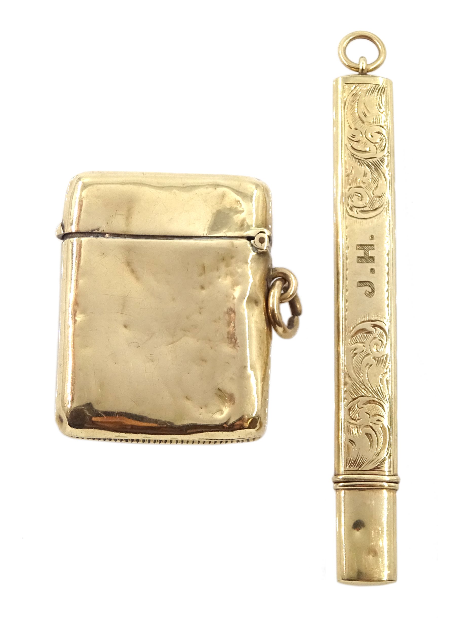 9ct gold pencil holder, engraved leaf and initialled decoration by E Baker & Son, Chester 1921 and a - Image 2 of 7