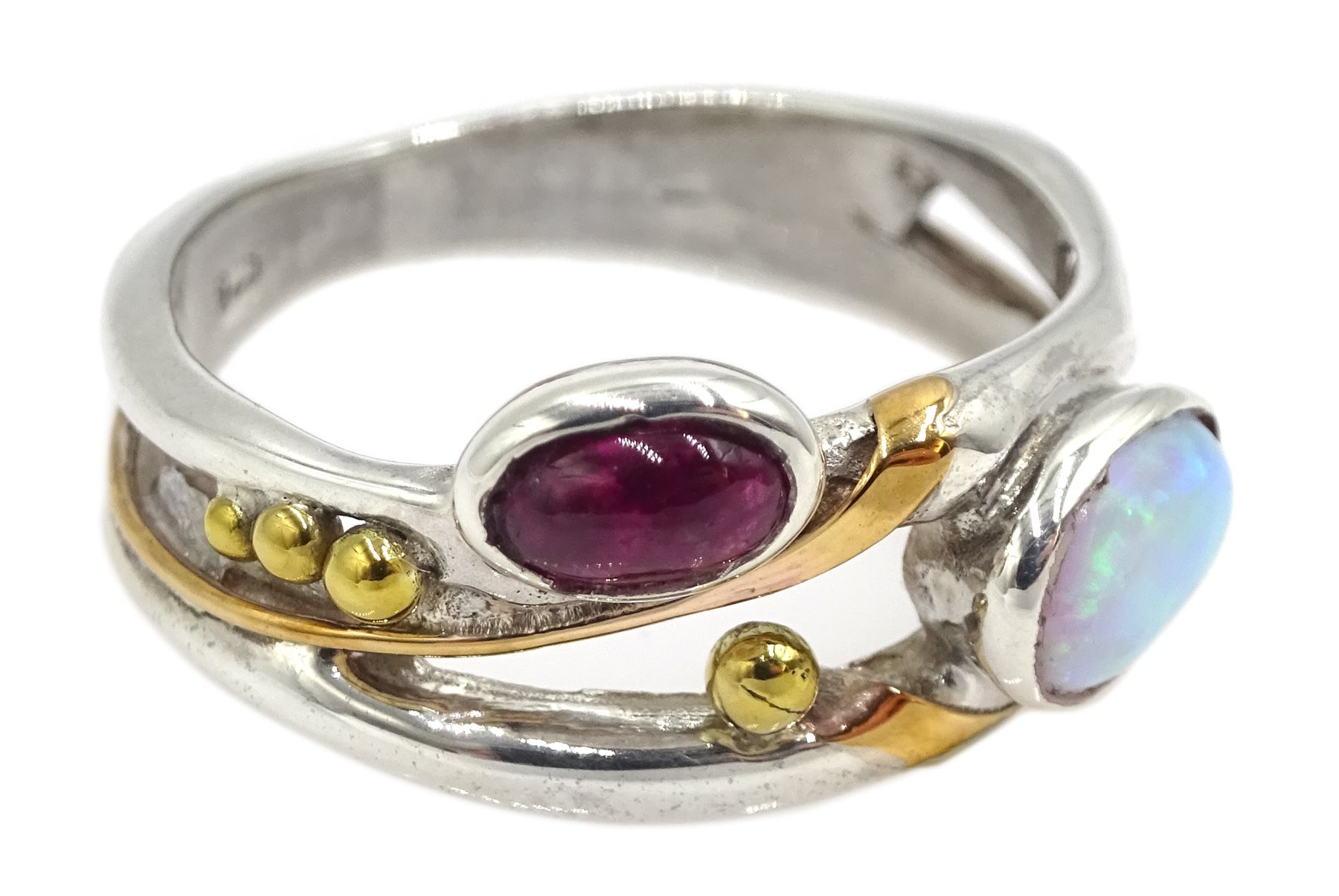 Silver and 14ct gold wire ruby and opal ring, stamped 925 - Image 2 of 3