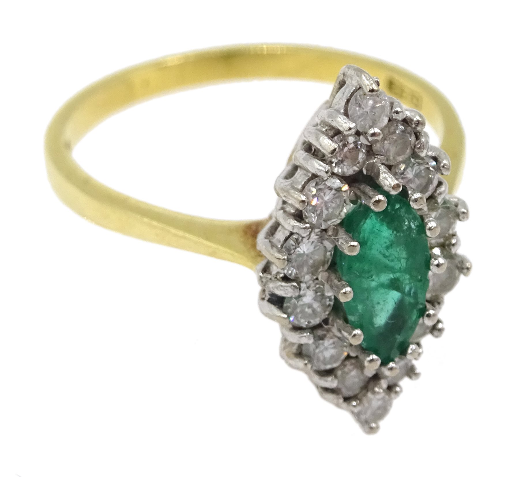 18ct gold marquise emerald and round brilliant cut diamond, marquise shaped ring, London 1987 - Image 3 of 4