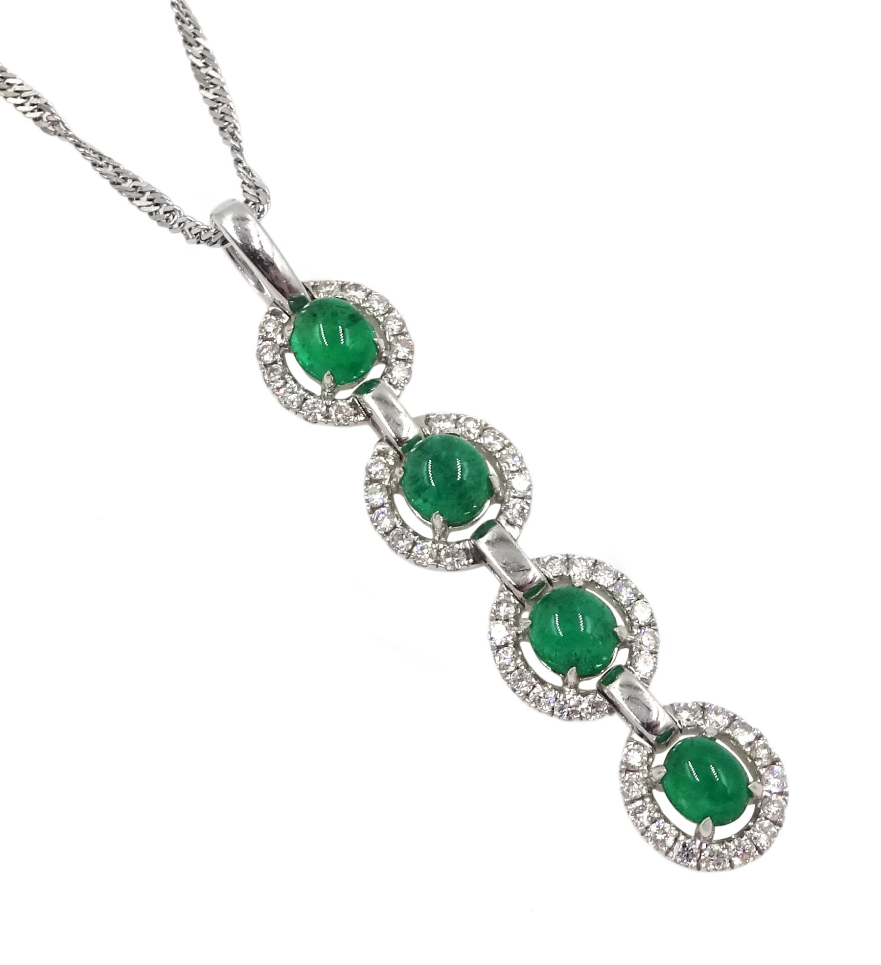 18ct white gold emerald and diamond pendant, four oval cabochon emeralds, with diamond halo surround - Image 3 of 3