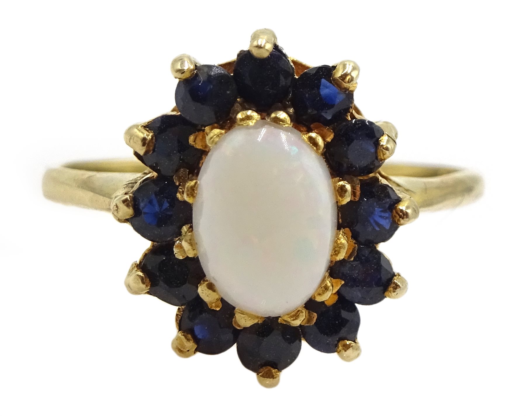 9ct gold opal and sapphire cluster ring, hallmarked