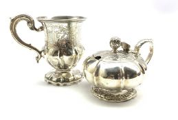 William IV silver mustard pot of lobed circular design with bud lift and leaf capped handle London 1